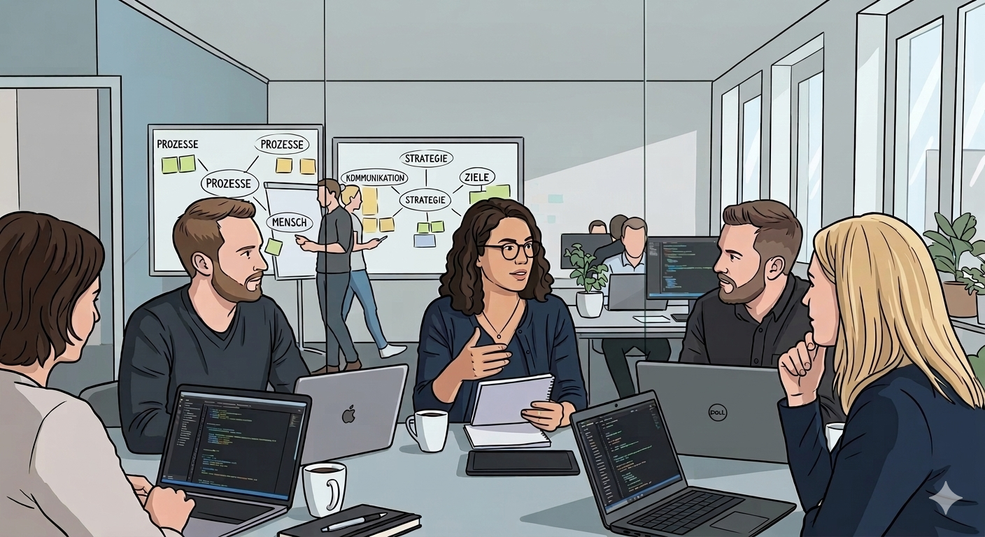Team diskutiert über Digitalprojekte und KI-Strategie