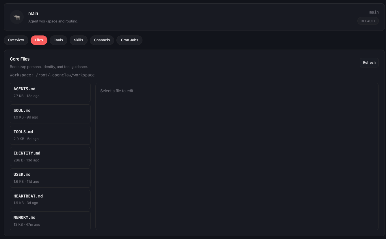 OpenClaw Gateway: Core Files im Workspace. AGENTS.md, SOUL.md, TOOLS.md, IDENTITY.md, USER.md, HEARTBEAT.md und MEMORY.md