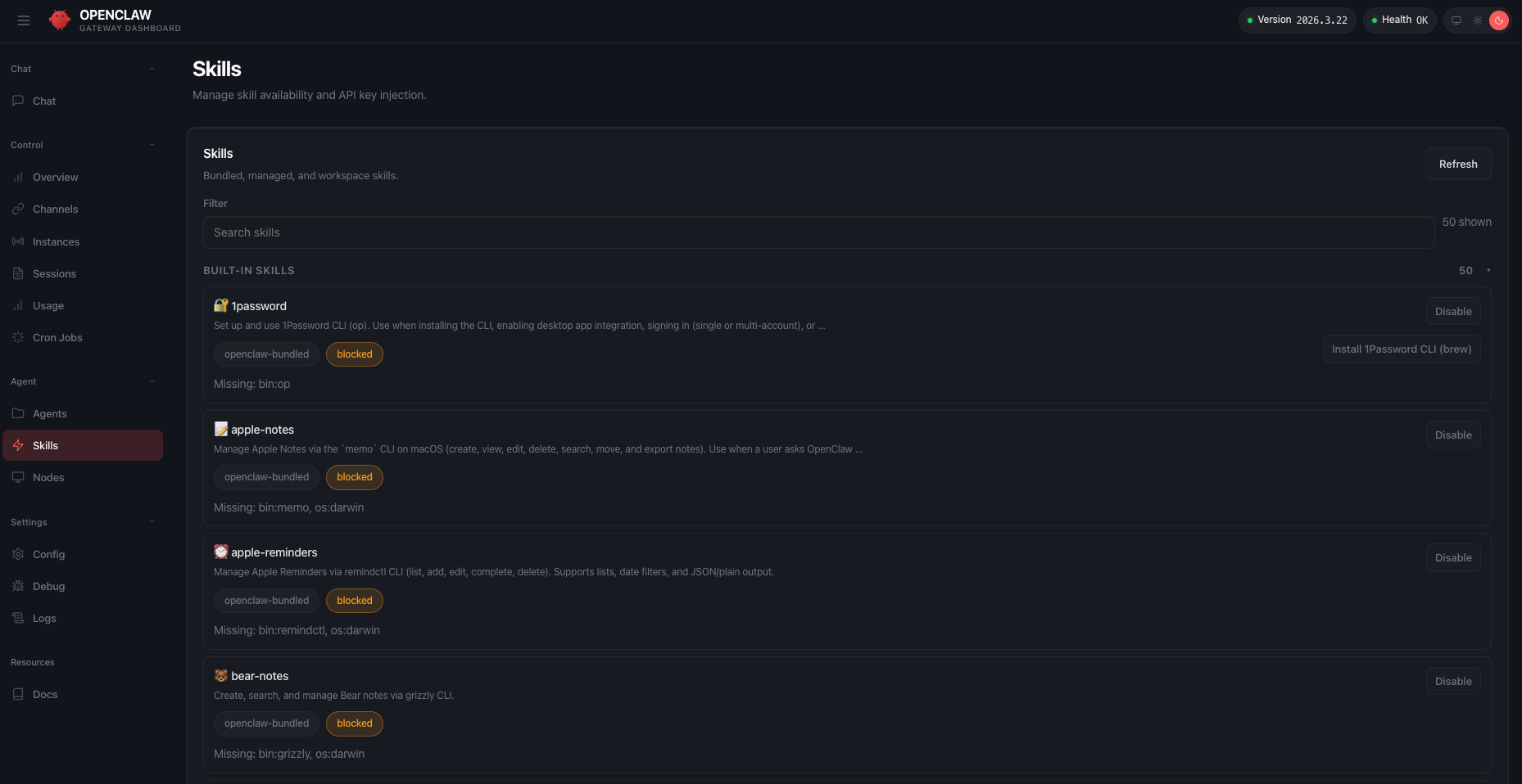 OpenClaw Gateway: Skills-Übersicht mit Aktivierung und Abhängigkeiten
