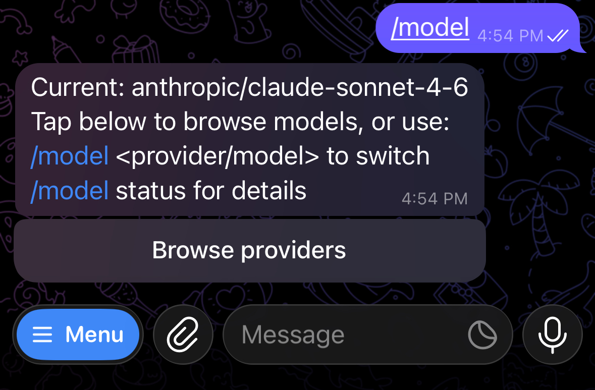 OpenClaw /model Befehl in Telegram: aktuelles Modell anzeigen und wechseln