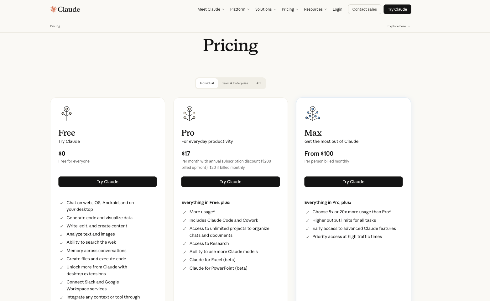 Claude Pricing: Free, Pro ($17/Monat) und Max (ab $100/Monat)