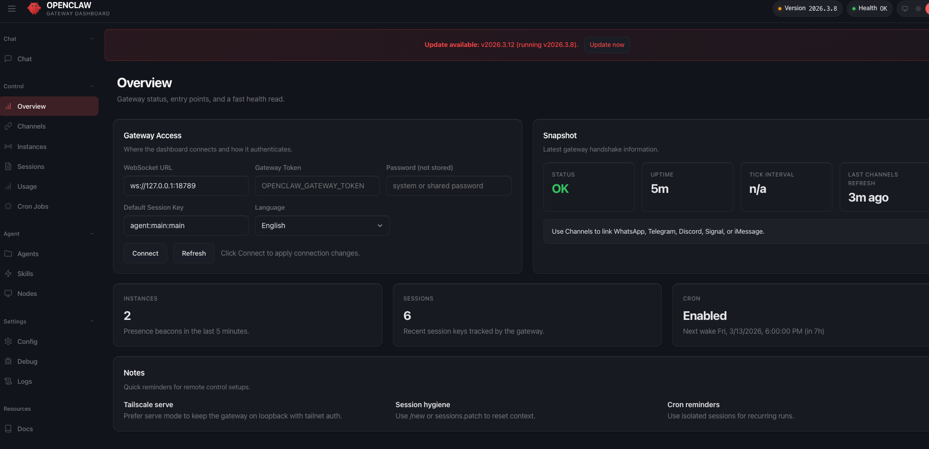 OpenClaw Gateway Dashboard: Übersicht mit Status, Sessions, Cron-Jobs und Einstellungen