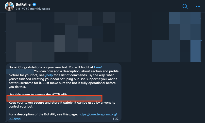 Telegram BotFather: Bot-Token nach Erstellung