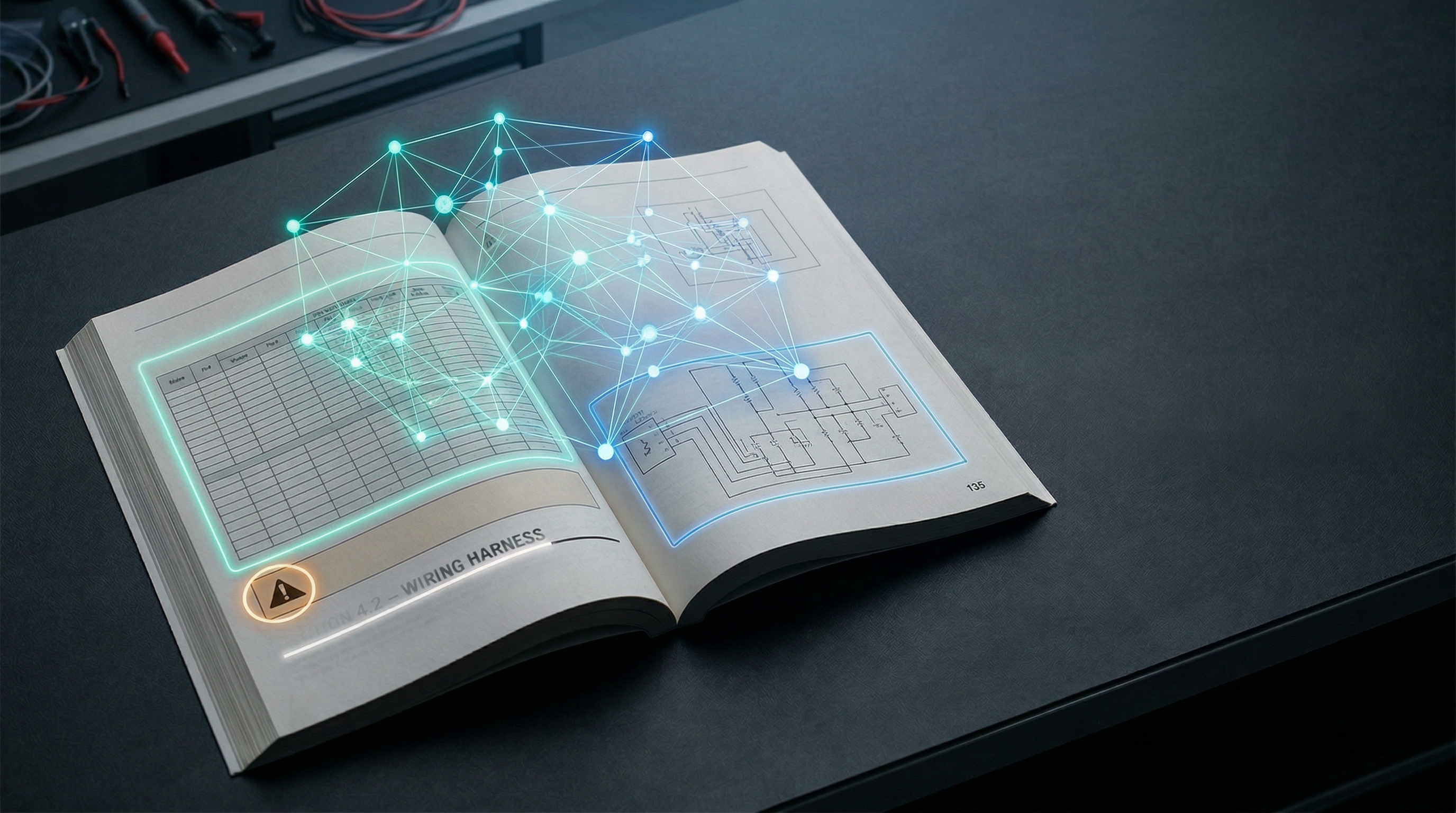 KI-Assistent analysiert die Struktur eines Fahrzeughandbuchs: Tabellen, Warnhinweise und Spezifikationen werden als zusammenhängende semantische Einheiten erkannt